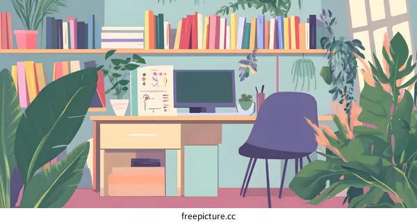 Home Office With Plants And Books