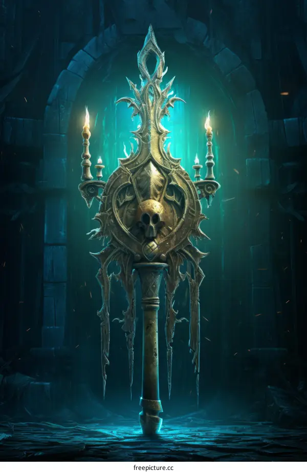 A skull on a staff with candles in a dark room