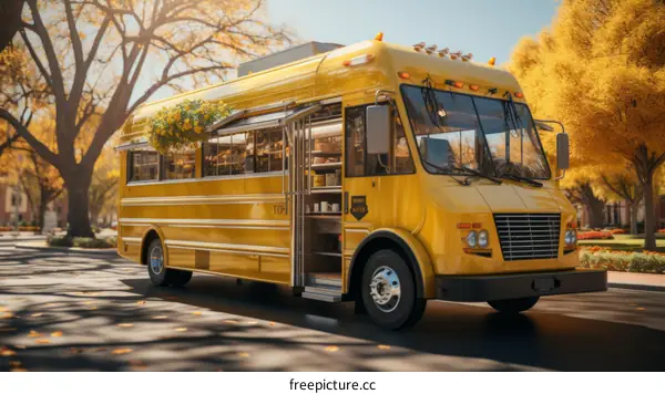 Yellow School Bus Coffee Shop on Tree-Lined Street