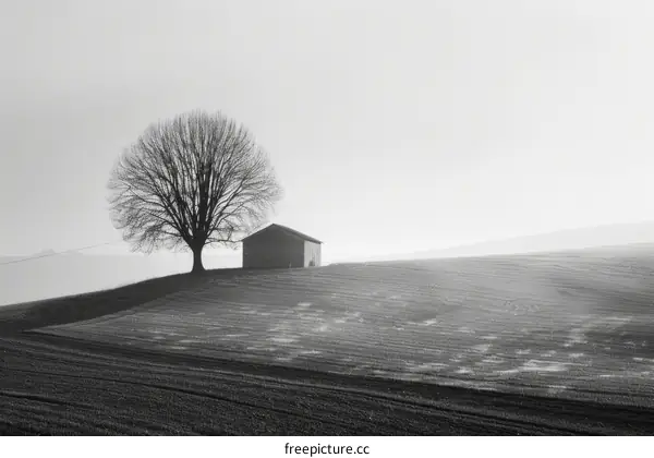 Black and white rural landscape with a lonely tree and a small house on a hill