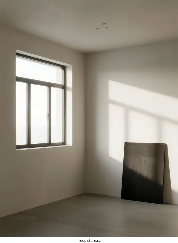 Sunlit Empty Room with Large Window and Black Panel