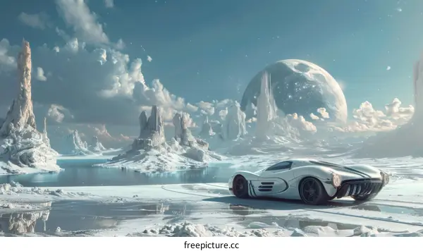 Futuristic Car on Icy Moon Landscape