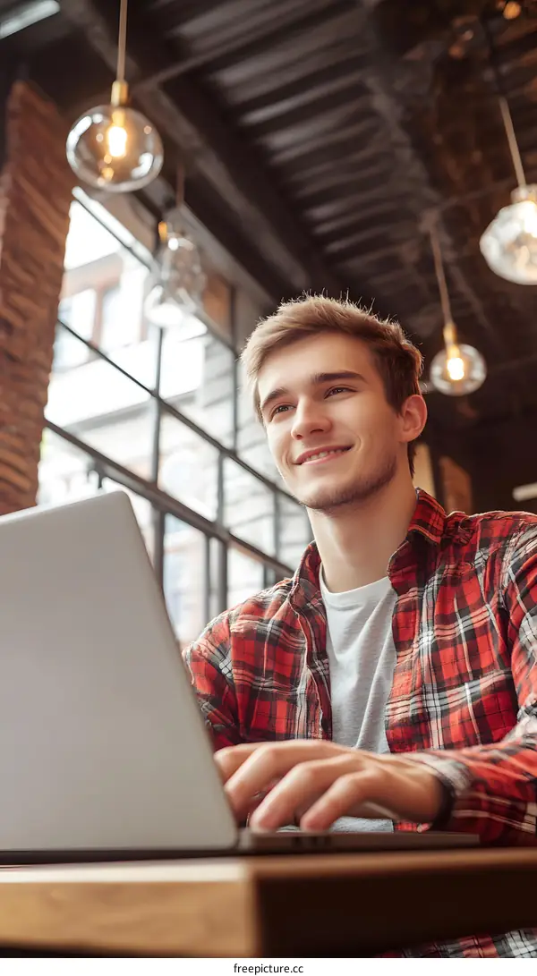 Smiling Man Using Laptop In Cafe