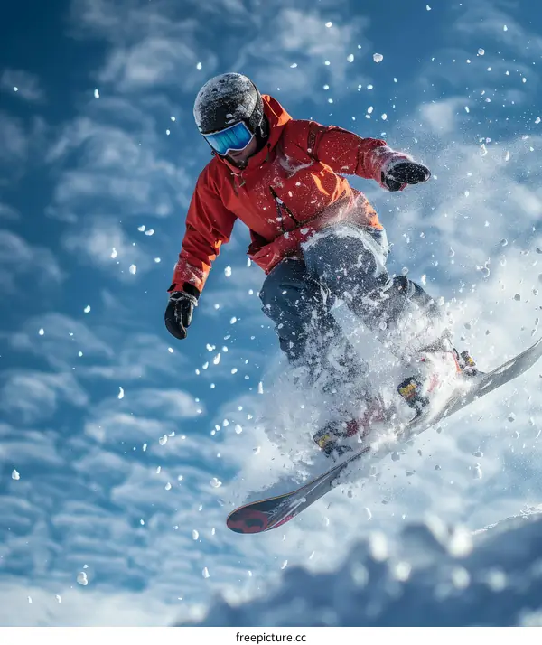 Man in orange jacket snowboarding through powder snow
