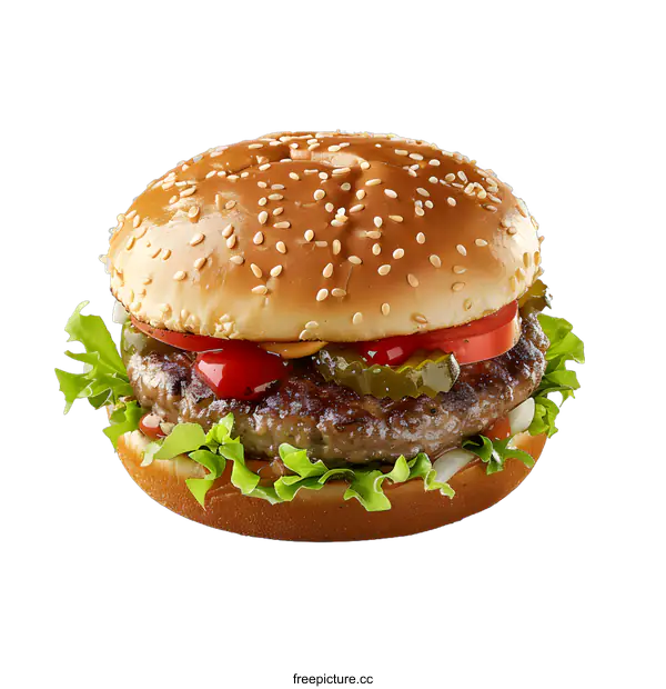 [Transparent Background PNG]Delicious Sesame Seed Burger with Lettuce, Tomato, and Pickles