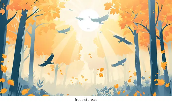 Birds Flying in Autumn Forest With Sun Rays Illustration