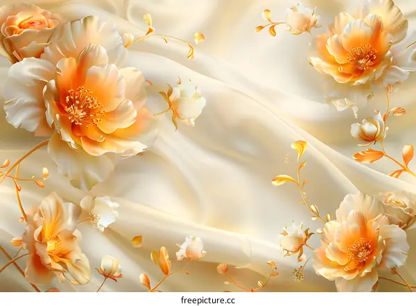 3D embossed painting of golden flowers and white flowers