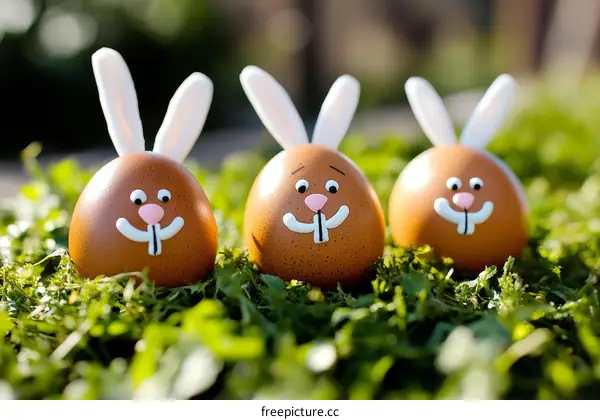 Easter Eggs Decorated as Rabbits in Grass
