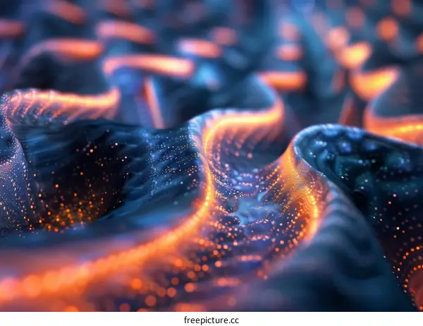 Blue and orange glowing 3D rendering of an abstract wavy surface with a liquid-like appearance