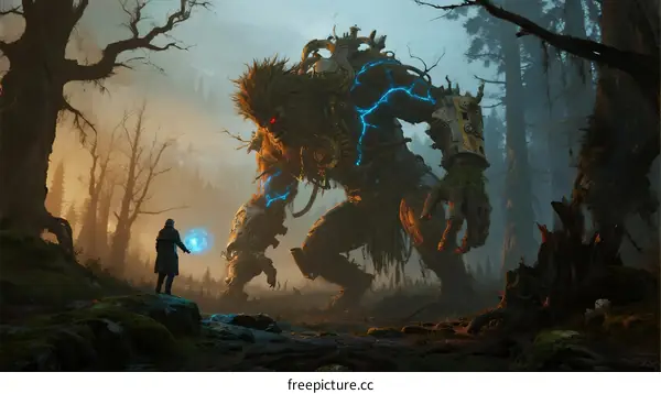 Mysterious Forest Battle: Wizard Confronts Colossal Monster