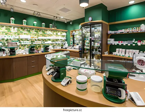 Modern Green Pharmacy Counter and Shelves Full of Supplements