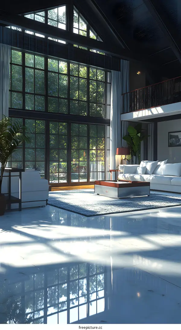 Modern Living Room with Large Windows and View of Nature