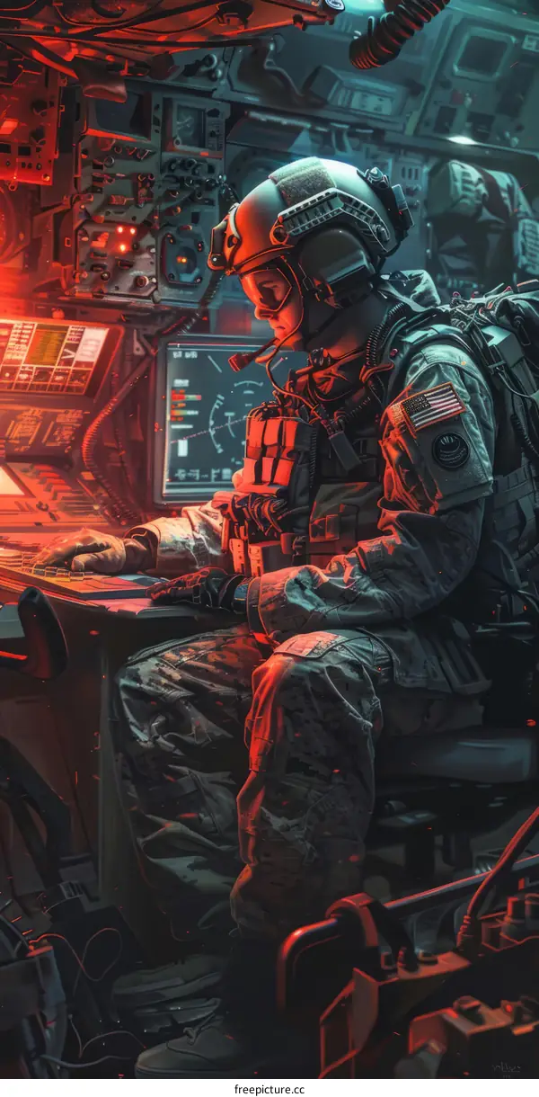 Soldier operating advanced military technology in futuristic cockpit