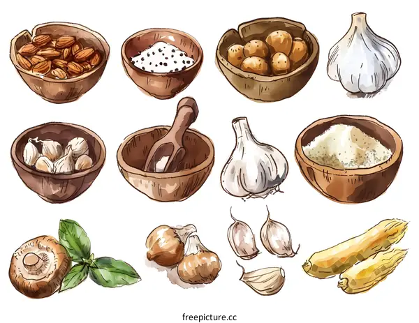Watercolor Illustration of Garlic, Basil, Almonds and Potatoes