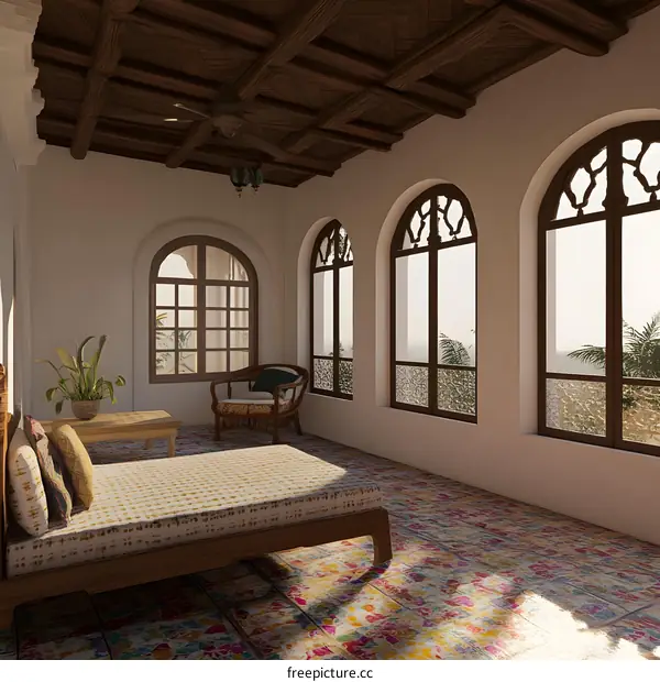 Modern Interior Design With Arched Windows And Wooden Beams