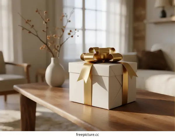 Elegant Gift Box with Golden Ribbon on Wooden Table