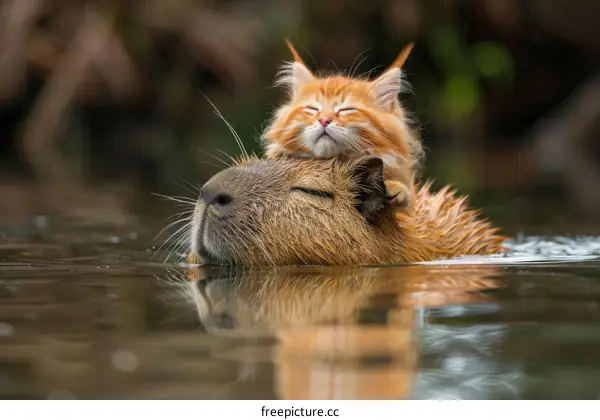 Orange Cat Sleeping on Capybara in Water