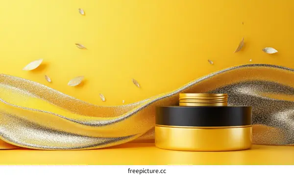 Golden Cosmetic Product Display with Abstract Background