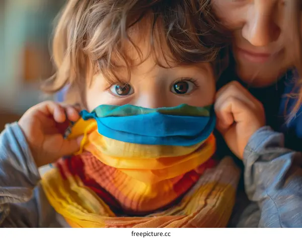 toddler boy with rainbow scarf over his face