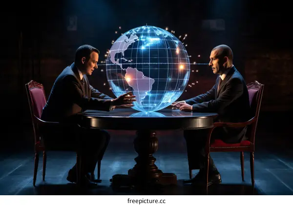 Two men in suits are sitting at a table and looking at a globe.