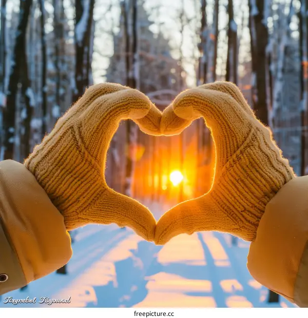 Making a heart shape with hands in front of snowy forest sunset