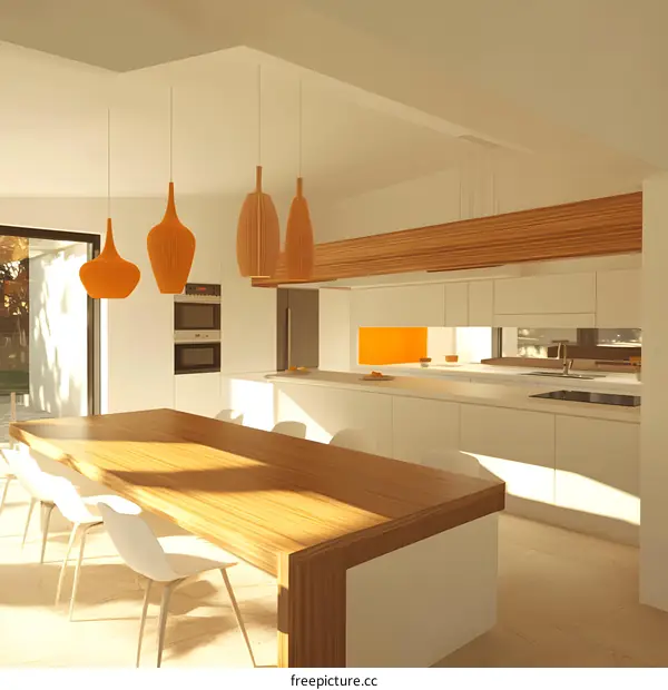 Modern Kitchen Interior Design With White Cabinets And Orange Pendant Lights
