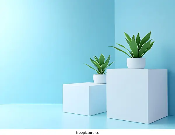 Minimalist Product Display with Green Plants on White Cubes