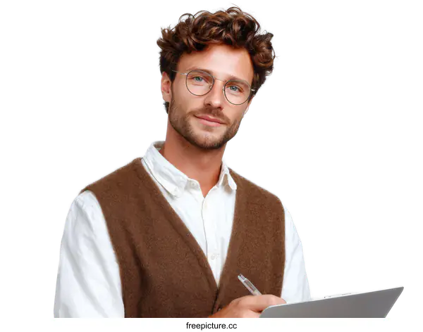 [Transparent Background PNG]Confident Caucasian Man Taking Notes