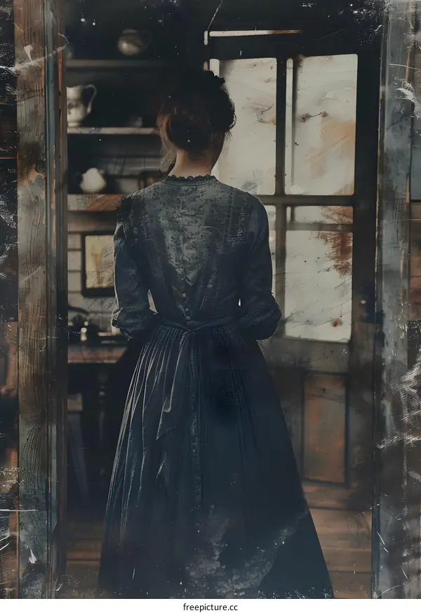 woman in a blue dress standing in a doorway