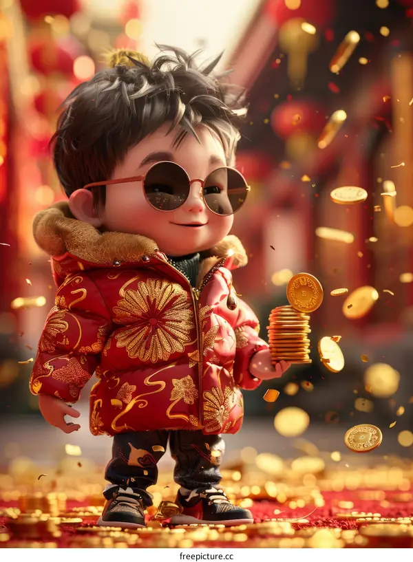 Chinese Boy in Red Clothing Holding Gold Coins for Lunar New Year