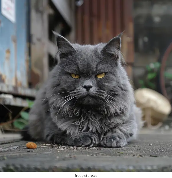 Gray Persian cat with yellow eyes staring at the camera