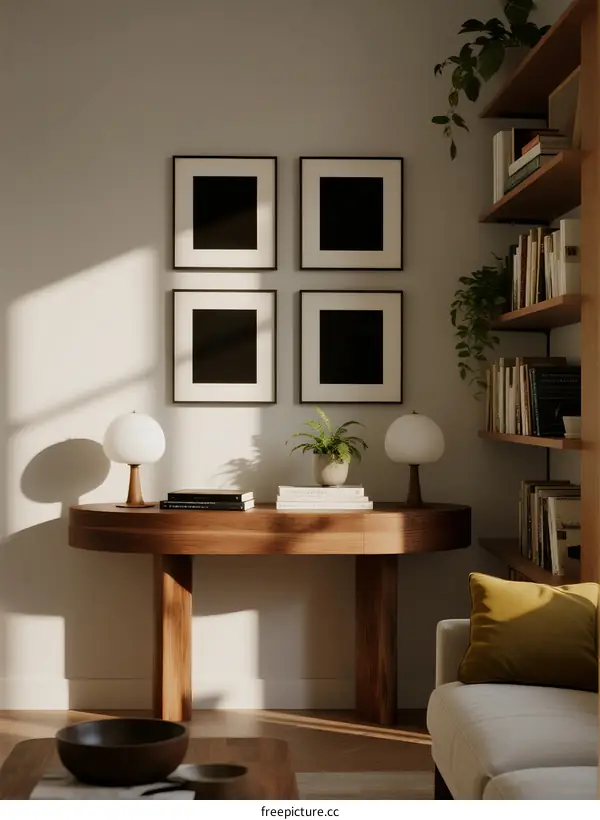 Minimalist Living Room Interior with Wooden Furniture and Wall Art