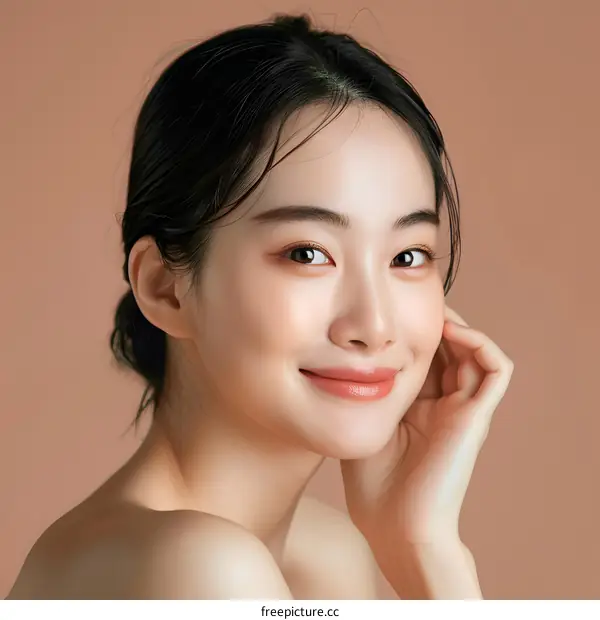 Smiling Asian Woman Portrait with Clean Skin and Natural Makeup