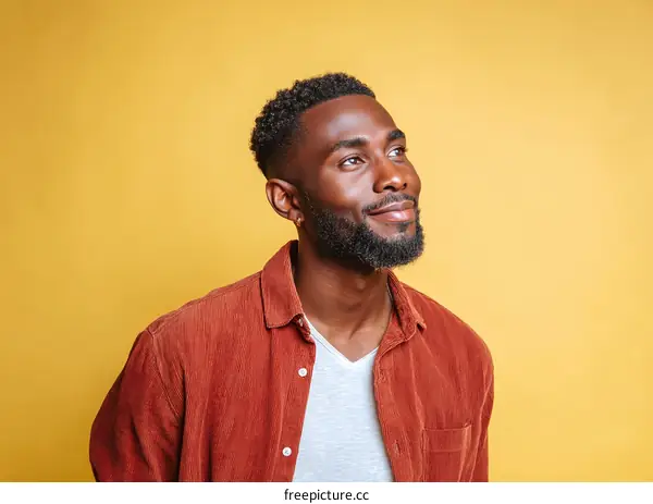 Thoughtful Man in Rust-Colored Shirt