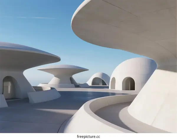 Futuristic Curved White Architectural Structures Under Clear Blue Sky