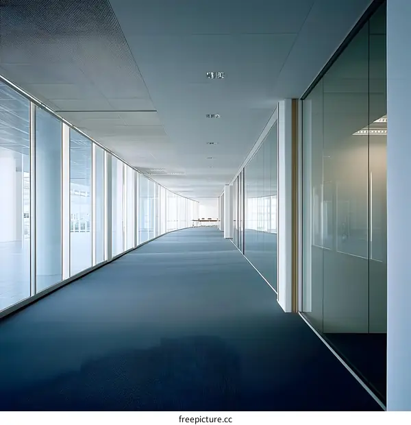 Modern Office Corridor with Glass Walls and Blue Carpet