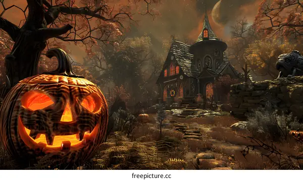 Halloween Pumpkin Lantern and Haunted House