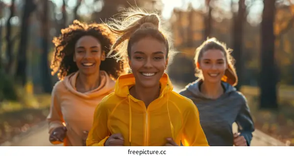 Three young women jogging in a park