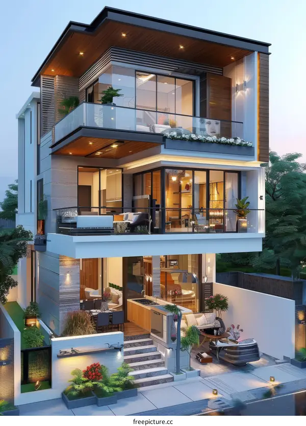 Modern Multi-Level House Exterior Design Illustration