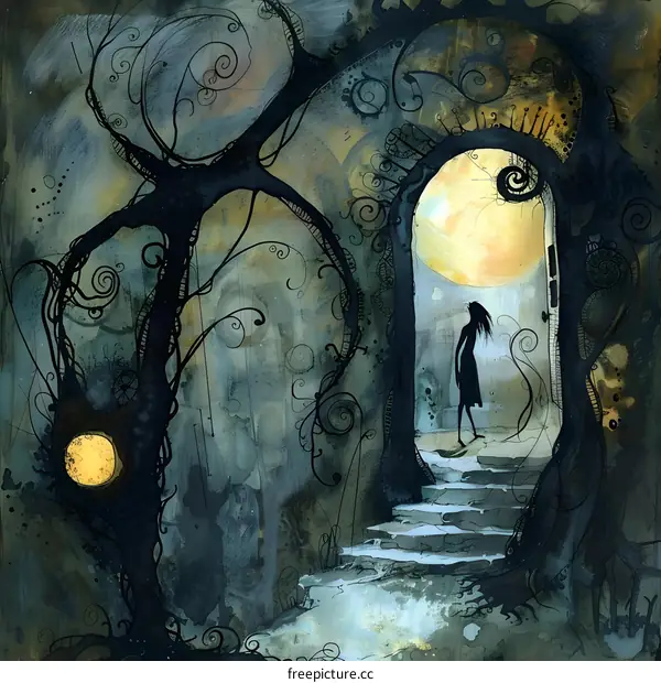 Woman Silhouette in a Dark Forest with Moonlight