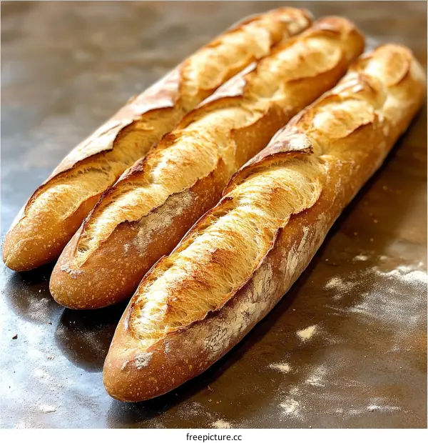 Freshly Baked Baguettes on a Dark Surface