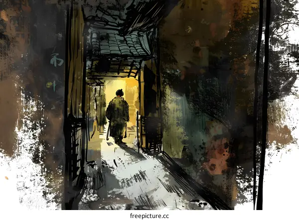 Digital Painting of a Person Walking Down a Narrow Street in Japan