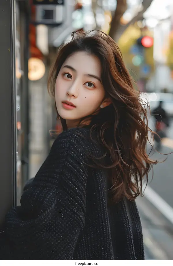 Beautiful Asian Woman with Long Brown Hair in a Black Sweater