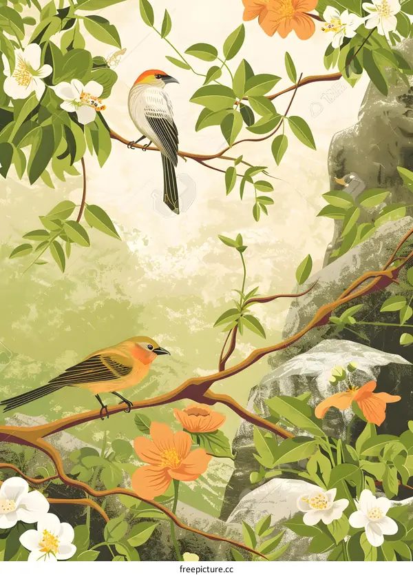 Two Birds Sitting on Branches in a Lush Forest