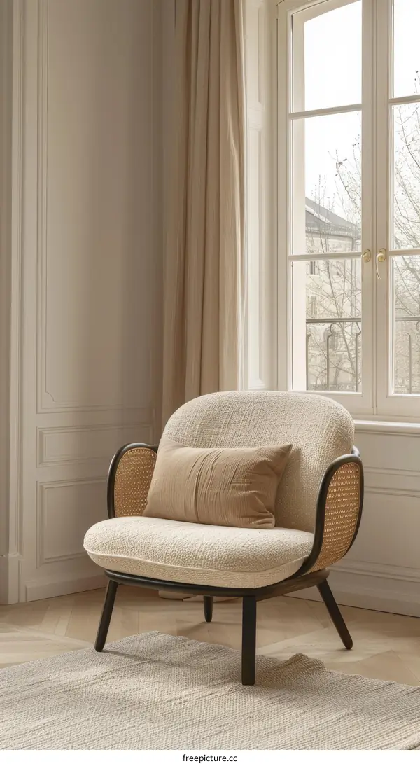 Elegant and modern cream fabric armchair with stylish brown cushion