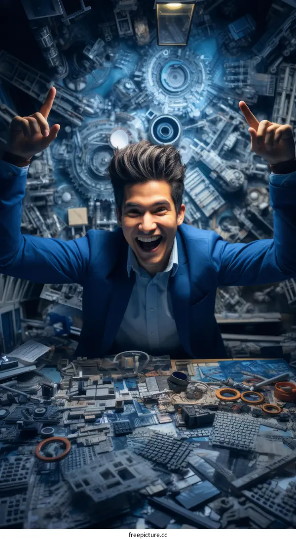 A young Asian man celebrates his success in a room filled with electronic parts.