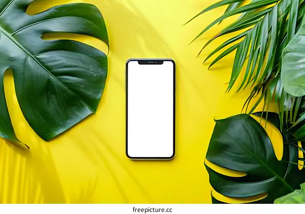 Tropical Leaves with Mobile Phone Mockup