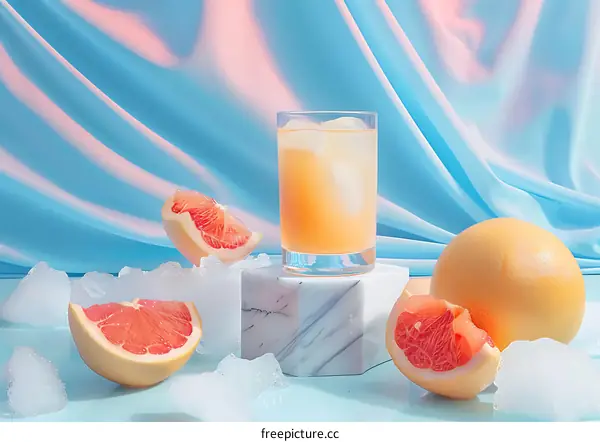 Grapefruit Juice with Ice on a Marble Stand with a Blue Background