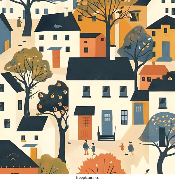 Autumn Village Illustration with Colorful Houses and Trees