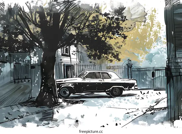 Vintage Car Illustration with a Tree and a House